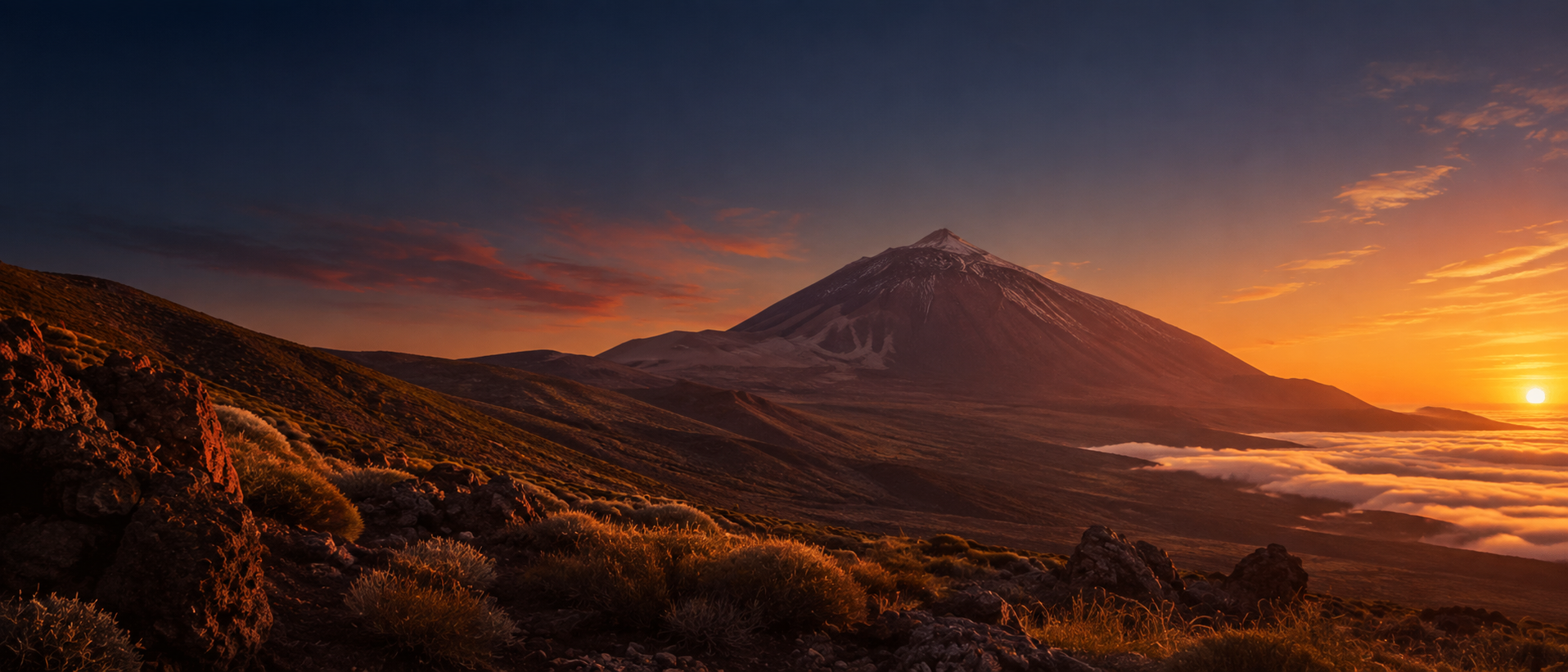 Amanecer sobre el volcán Teide con el sol asomando en la cumbre, Tenerife